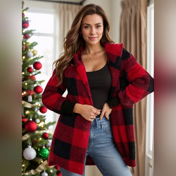 Jackets & Blazers - Plaid Long Sleeve Hooded Coat